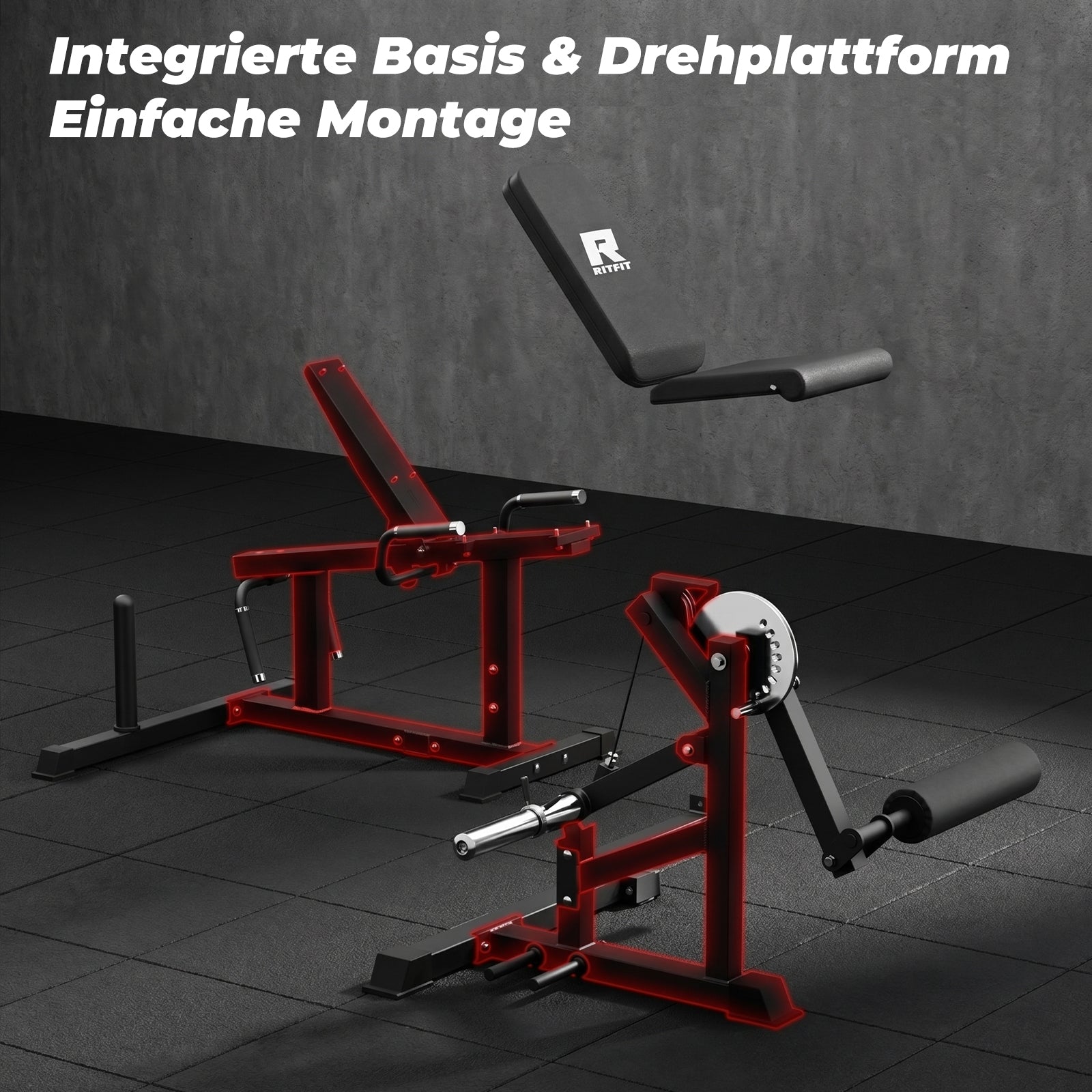 Rote RitFit PLC01Beinstrecker und Beinbeuger Maschine mit schwarzem Sitz auf dunklem Fitnessboden