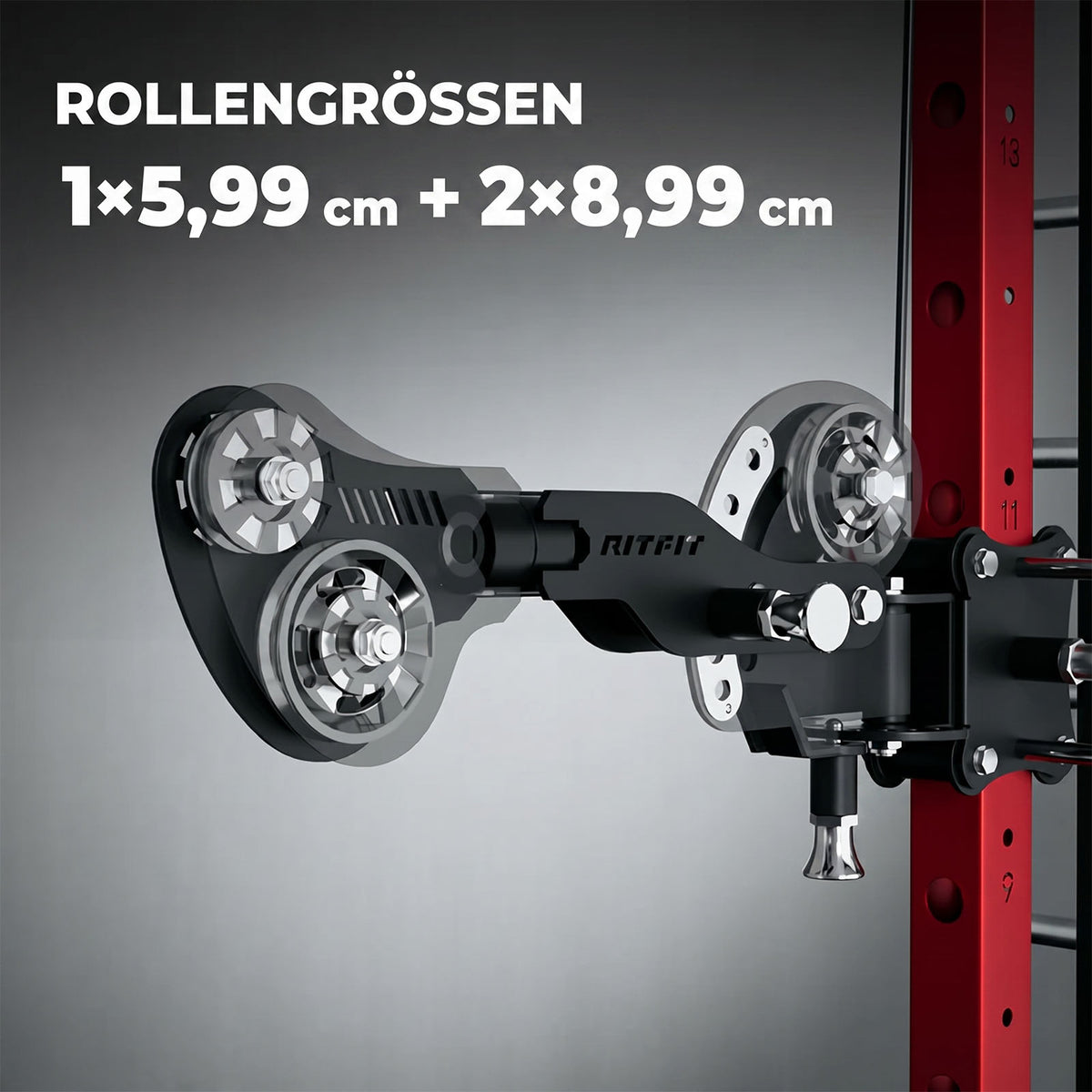 Schwarzer RitFit TAM1 Tornado Arm Aufsatz mit Rollen an rotem Gestell