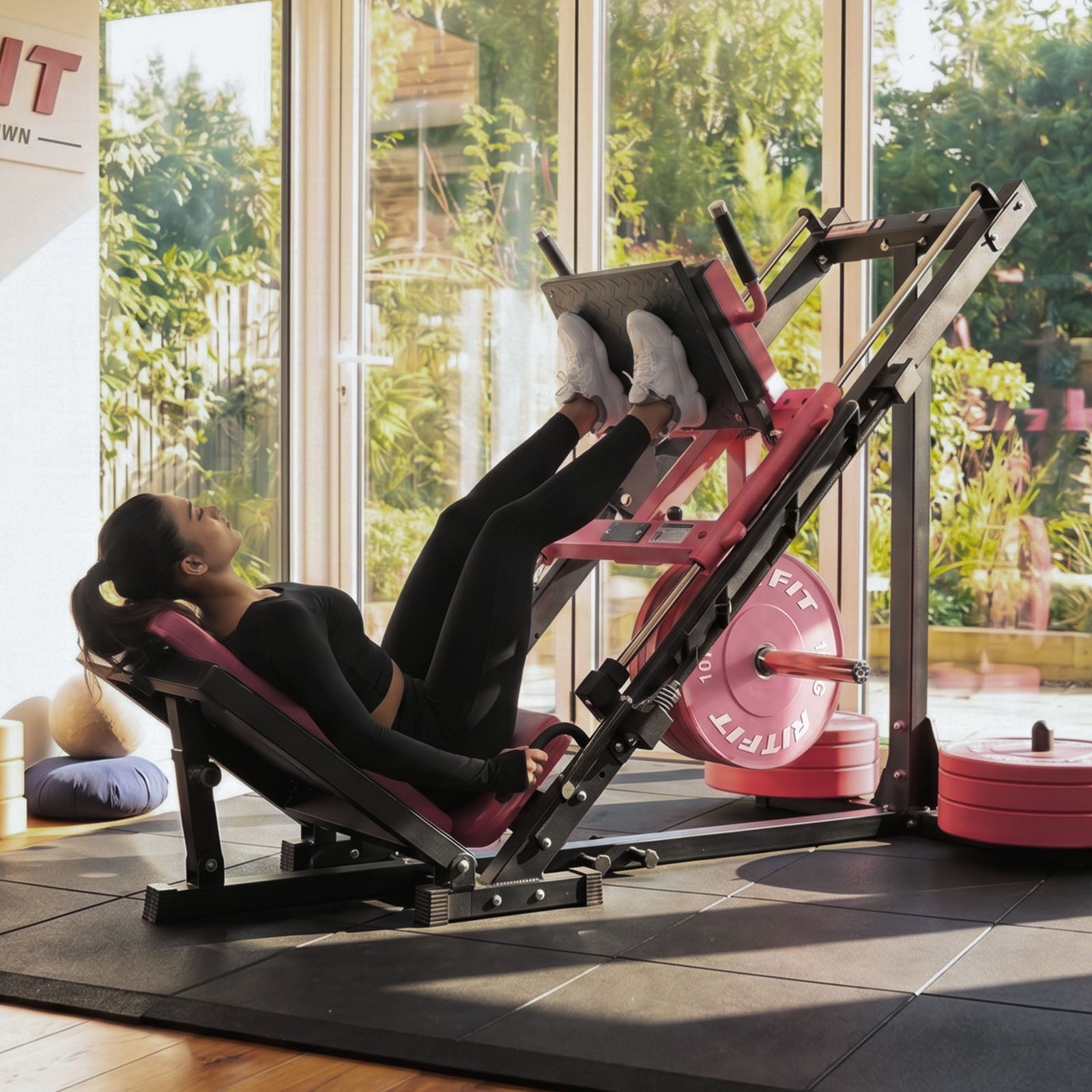 Frau nutzt rosa RitFit BLP01 Beinpresse und Hackenschmidt Maschine im Fitnessraum