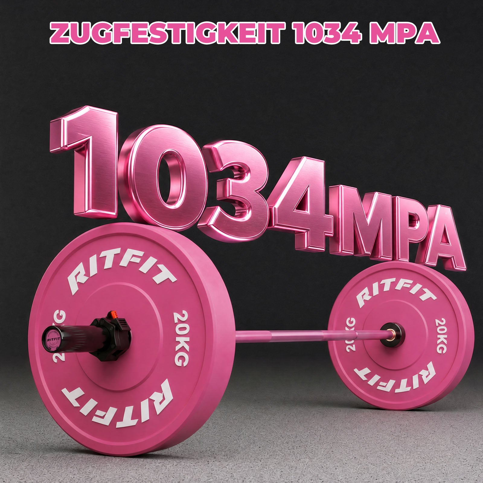 RitFit Trainings-Langhantel in Pink mit Hantelscheiben und 1034 MPA Zugfestigkeit Schriftzug