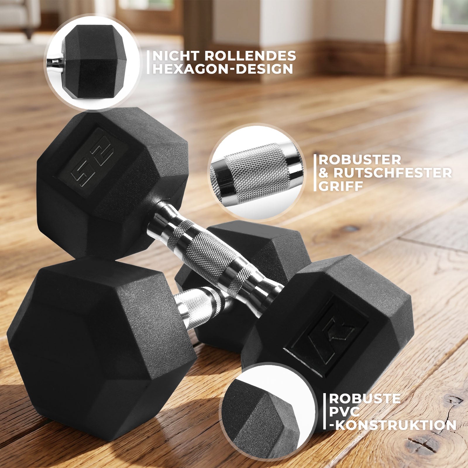 RitFit PVC Hex-Hanteln Set in Schwarz mit verchromtem Griff auf Holzboden