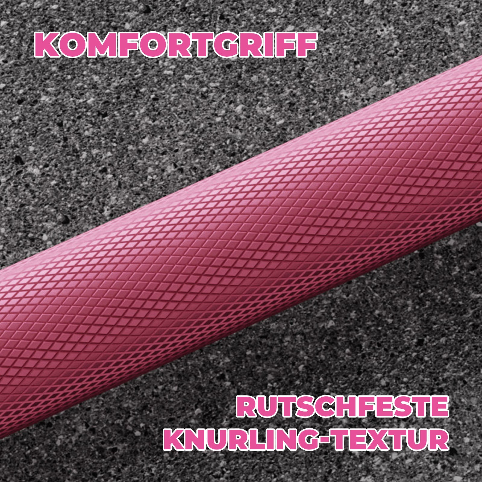 Rutschfeste Knurling-Textur am pinken Griff der RitFit Trainings-Langhantel