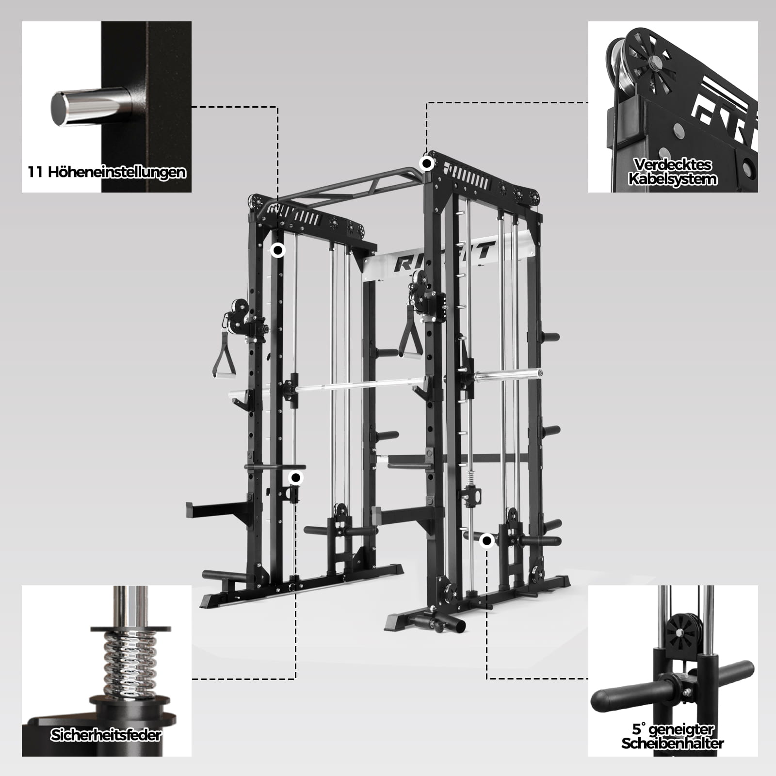 Schwarze RitFit M1 Pro Smith Maschine mit verdecktem Kabelsystem und Sicherheitsfeder