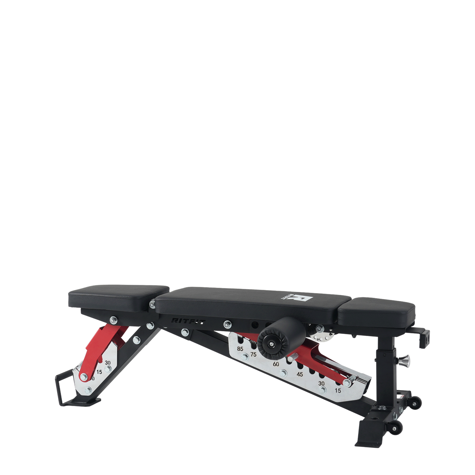 Schwarze verstellbareRitFit GATOR Hantelbank mit rotem Gestell und Rollen