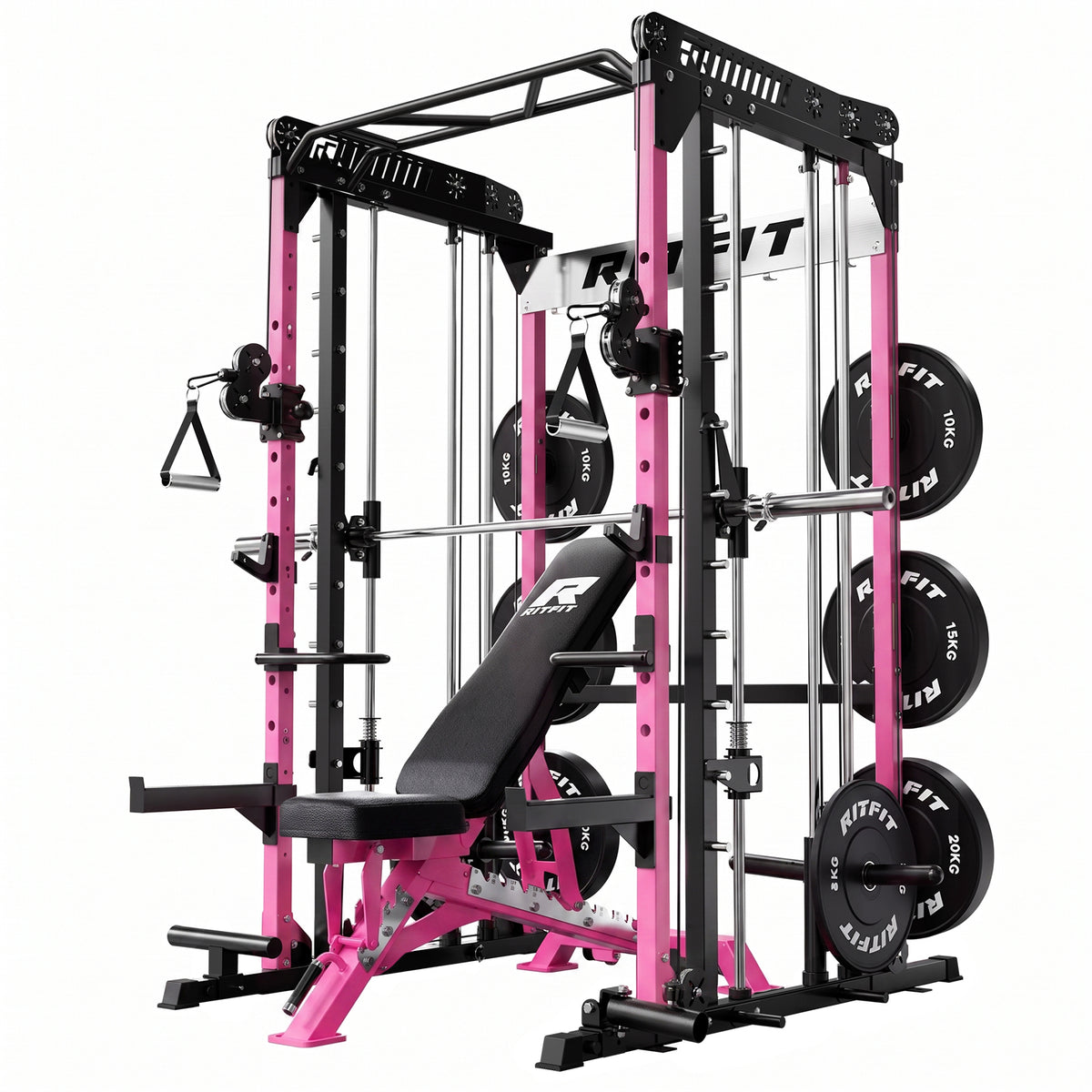 RitFit M1 Pro Smith Maschine Komplettset in Pink und Schwarz mit Hantelbank und Gewichten