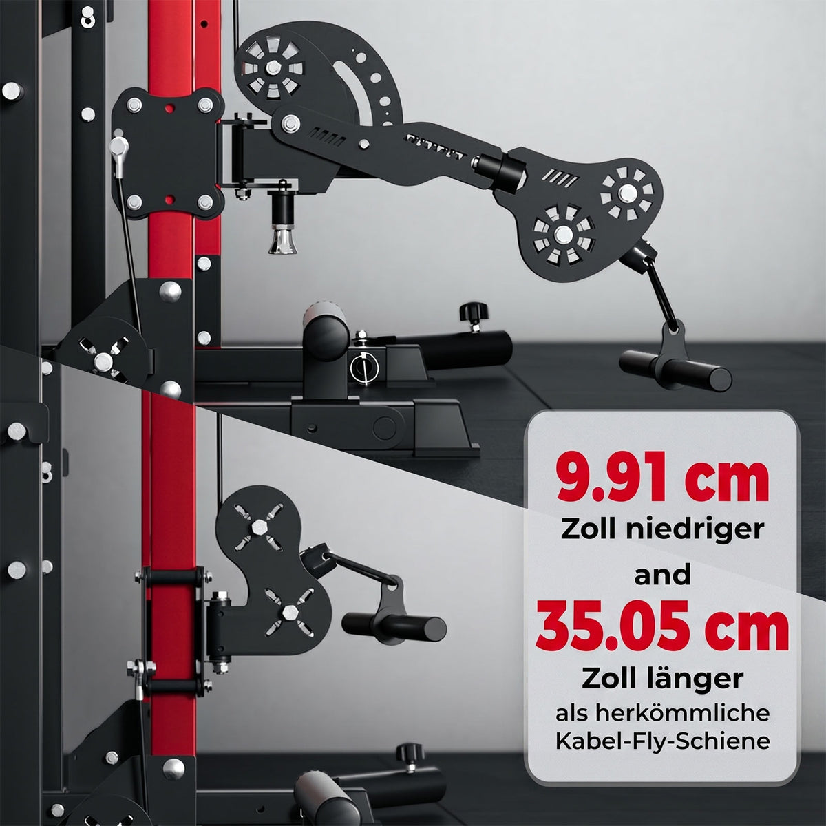 Schwarzer RitFit TAM1 Tornado-Arm-Aufsatz an rotem Fitnessrack montiert