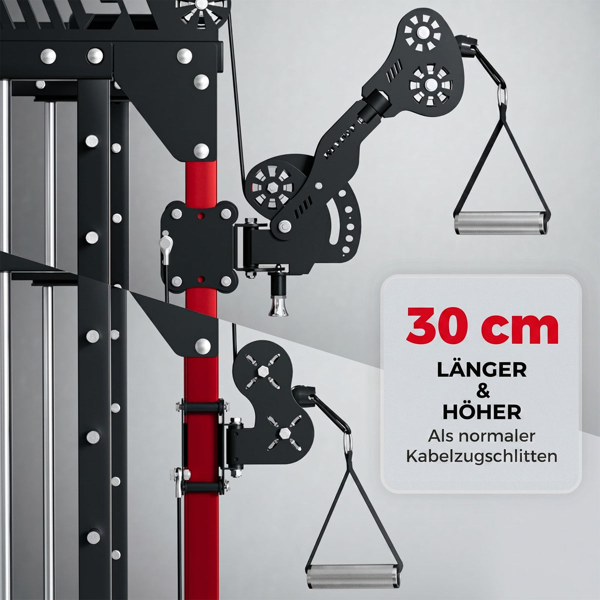 Schwarzer RitFit TAM1 Tornado-Arm-Aufsatz mit Dreiecksgriff an einem roten Power Rack montiert