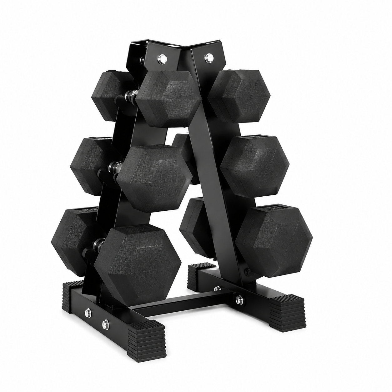 Schwarzes RitFit PVC Hex-Hanteln Set auf stabilem Hantelständer für Krafttraining