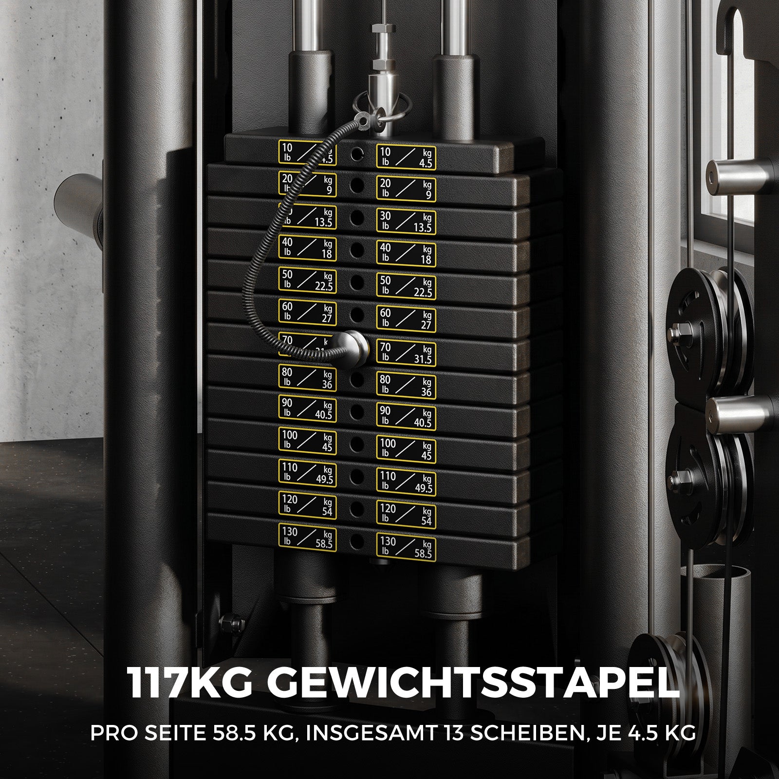 Schwarzer Gewichtsstapel der RitFit BPC06 Smith Maschine mit gelben Beschriftungen