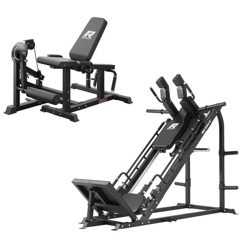 Schwarzes RitFit Beintraining Set mit Gazelle und PLC01 Kraftmaschinen auf weißem Hintergrund
