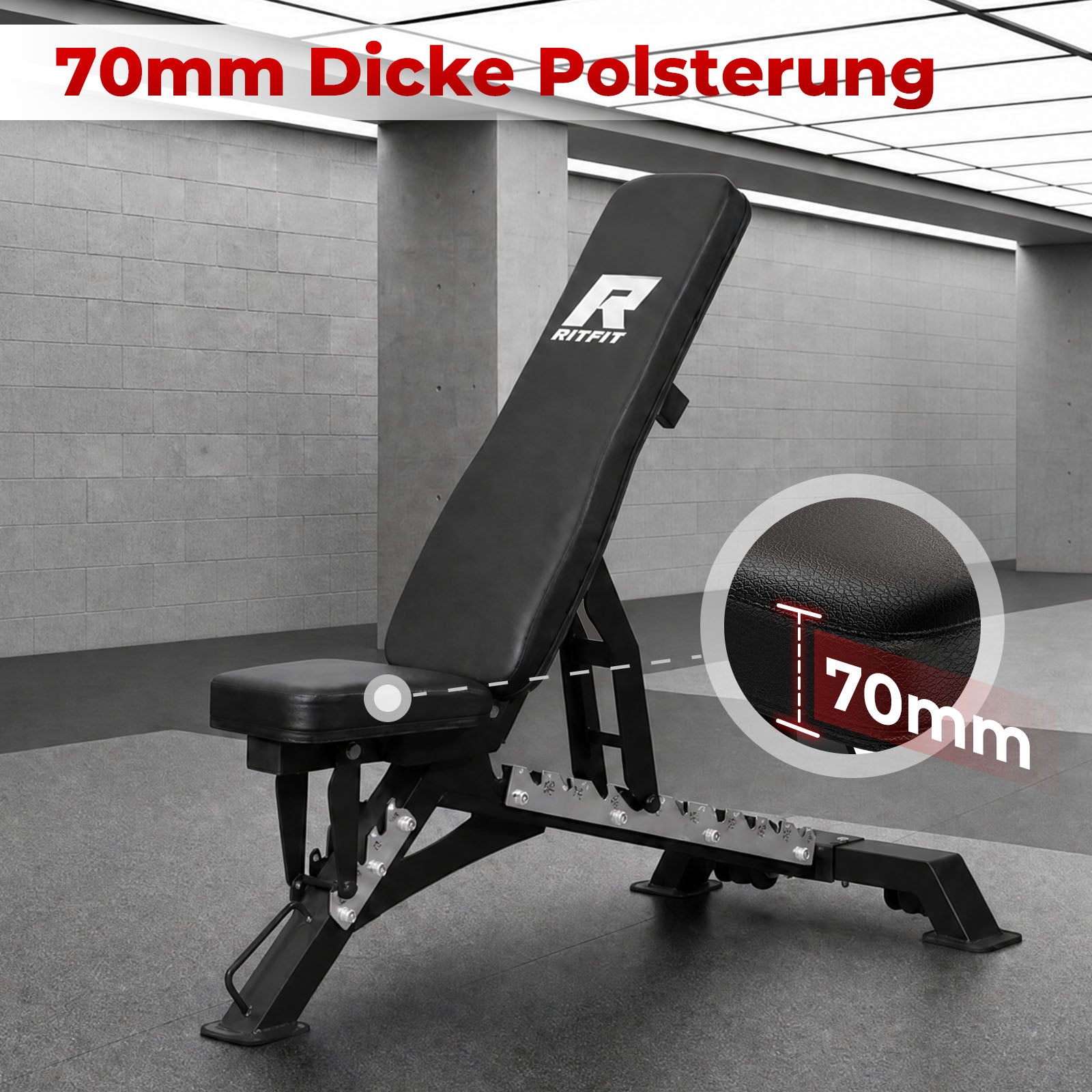 Schwarze verstellbare RitFit BWB01 Hantelbank mit 70mm dicker Polsterung im Fitnessraum