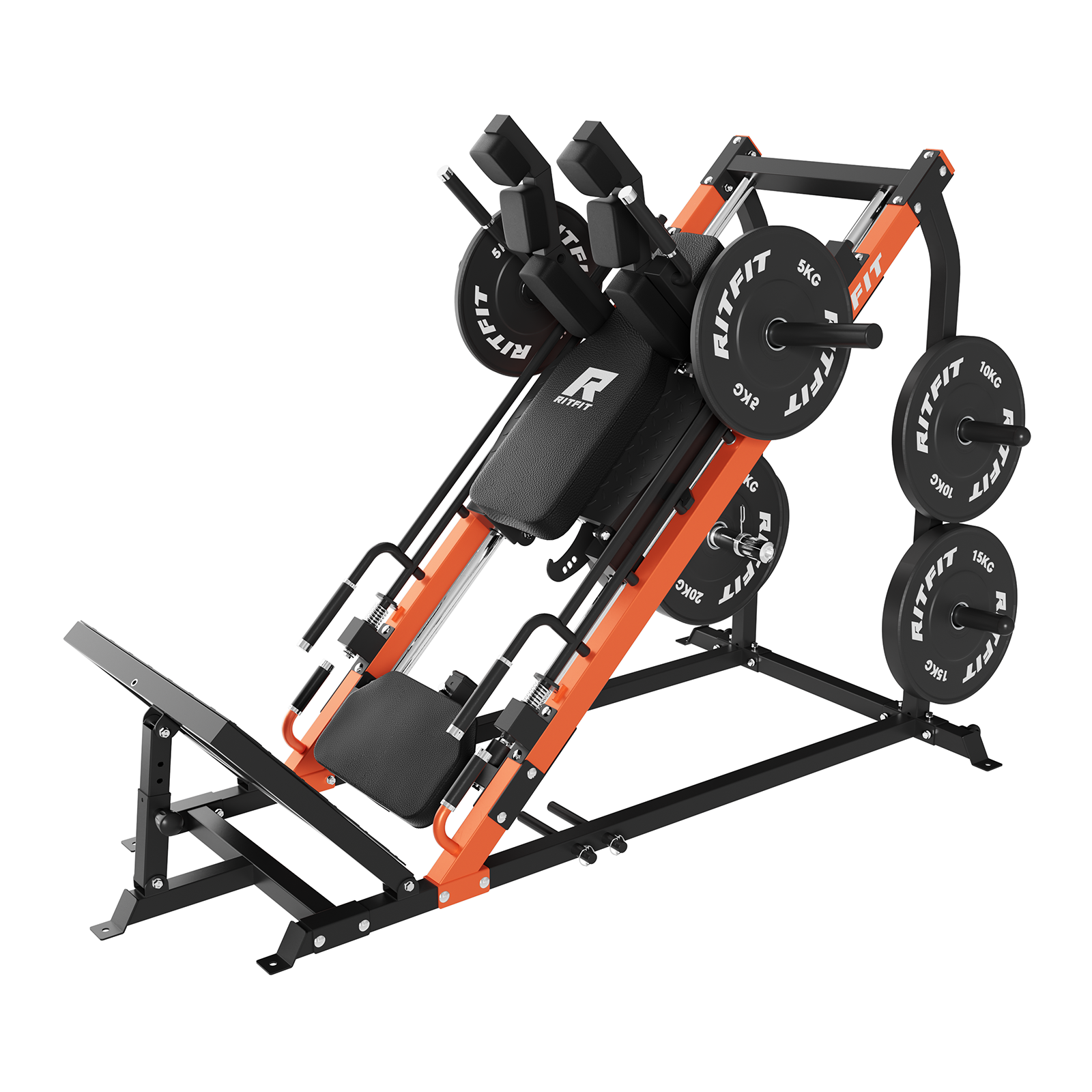 Orange-schwarze RitFit Gazelle Beinpresse und Hackenschmidt Maschine mit Gewichtsscheiben