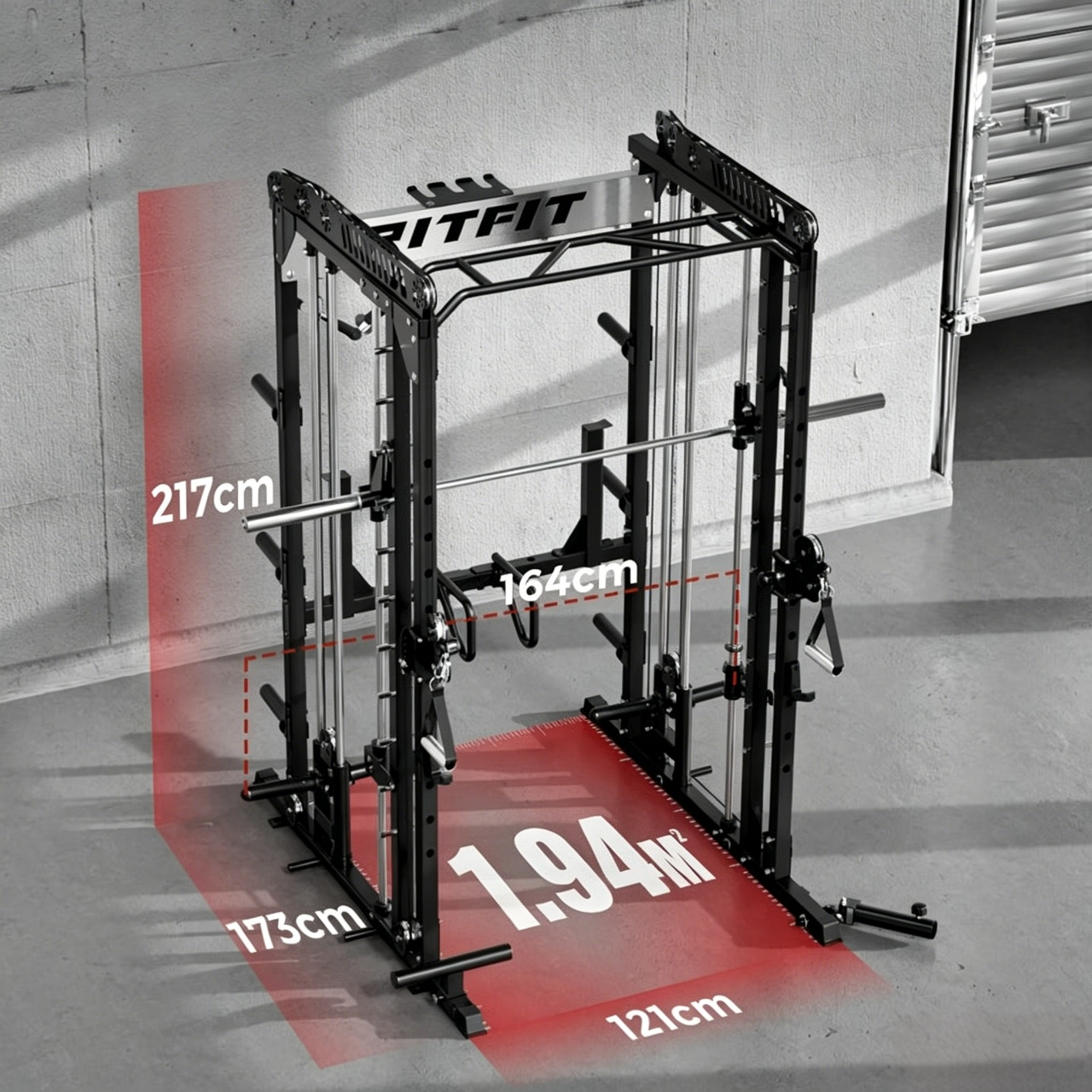 RitFit M1 Pro SmithMaschine, schwarzer Fitnessrahmen mit eingeblendeten Maßangaben