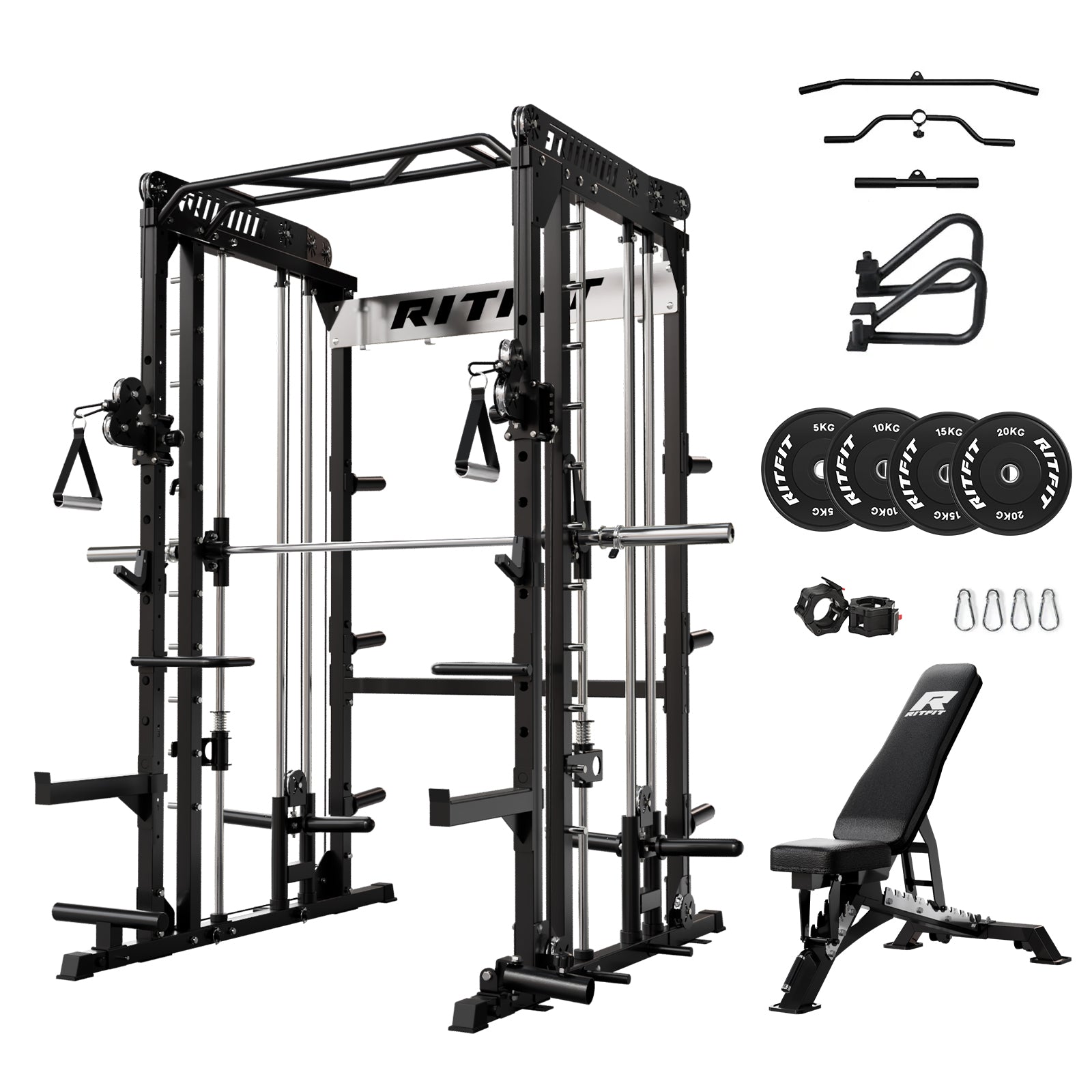 Schwarzes RitFit M1 Pro Smith Maschine Home Gym Komplettset mit Hantelbank und Hantelscheiben