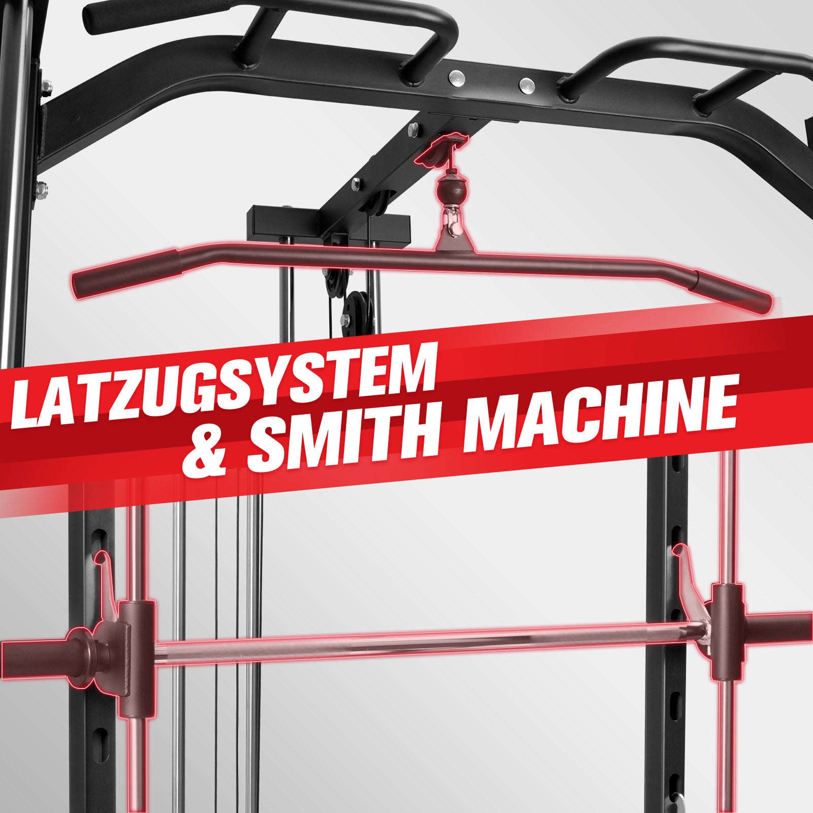 Detailansicht der schwarzen RitFit PSR05 Smith Maschine mit Latzugsystem und Langhantel
