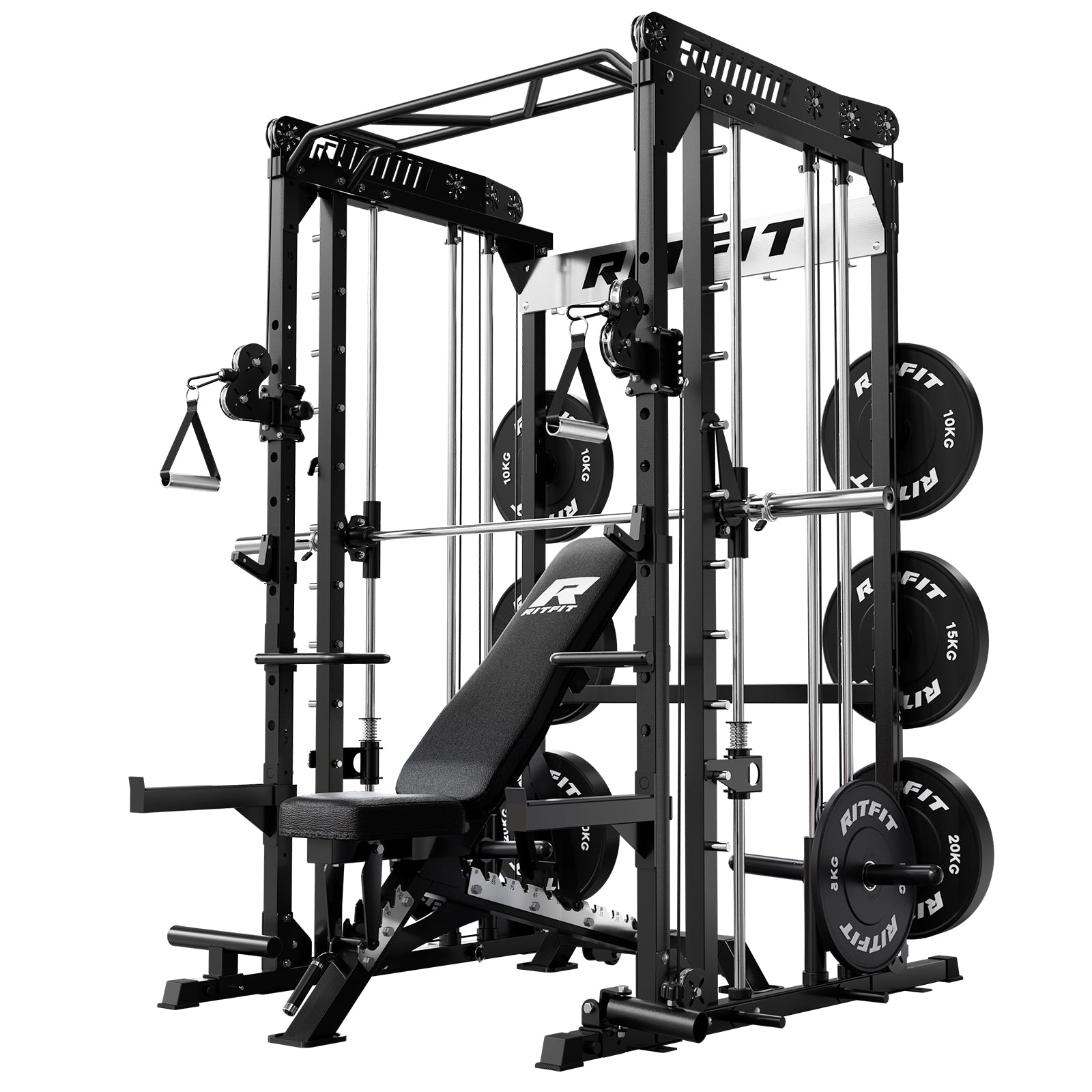 Schwarze RitFit M1 Pro Smith Maschine Home Gym Komplettset mit Hantelbank und Gewichtsscheiben