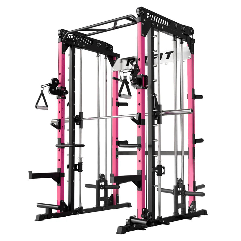 Rosa schwarze RitFit Smith Maschine Multipresse und Beinpresse mit silberner Hantelstange