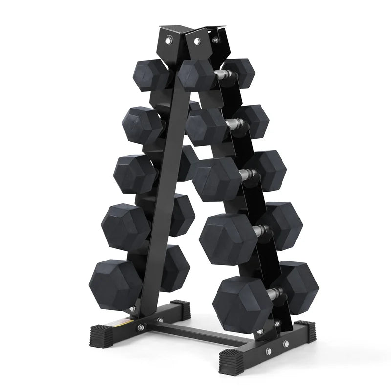 Schwarzes RitFit PVC Hex-Hanteln Set auf stabilem Hantelständer für Krafttraining