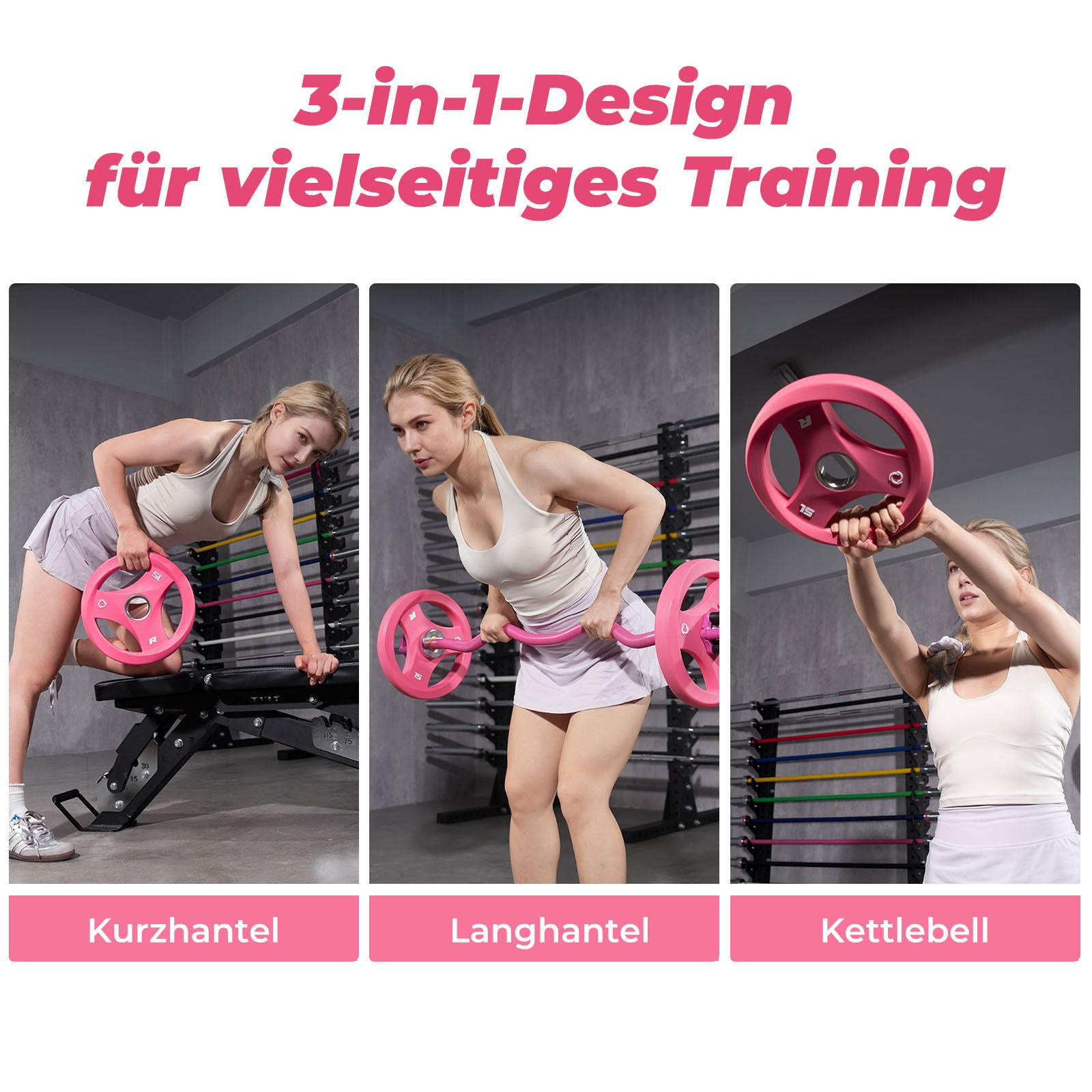 Frau nutzt rosa RitFit AURASPIN Hantelscheiben als Kurzhantel Langhantel und Kettlebell