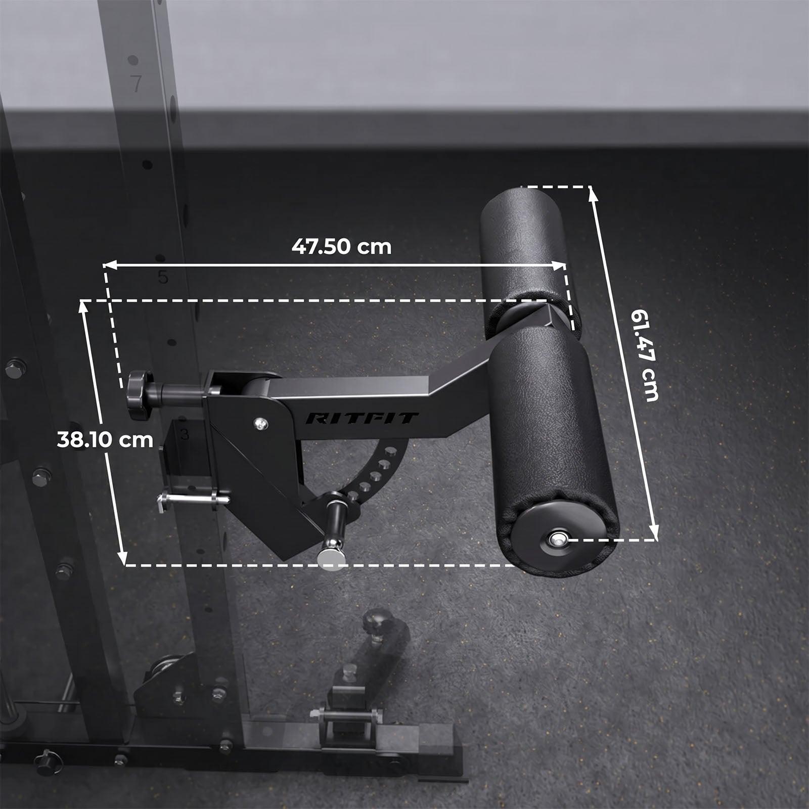 Schwarzer RitFit LHM1 Beinhalter-Aufsatz mit Schaumstoffpolstern und Maßangaben am Fitnessgestell