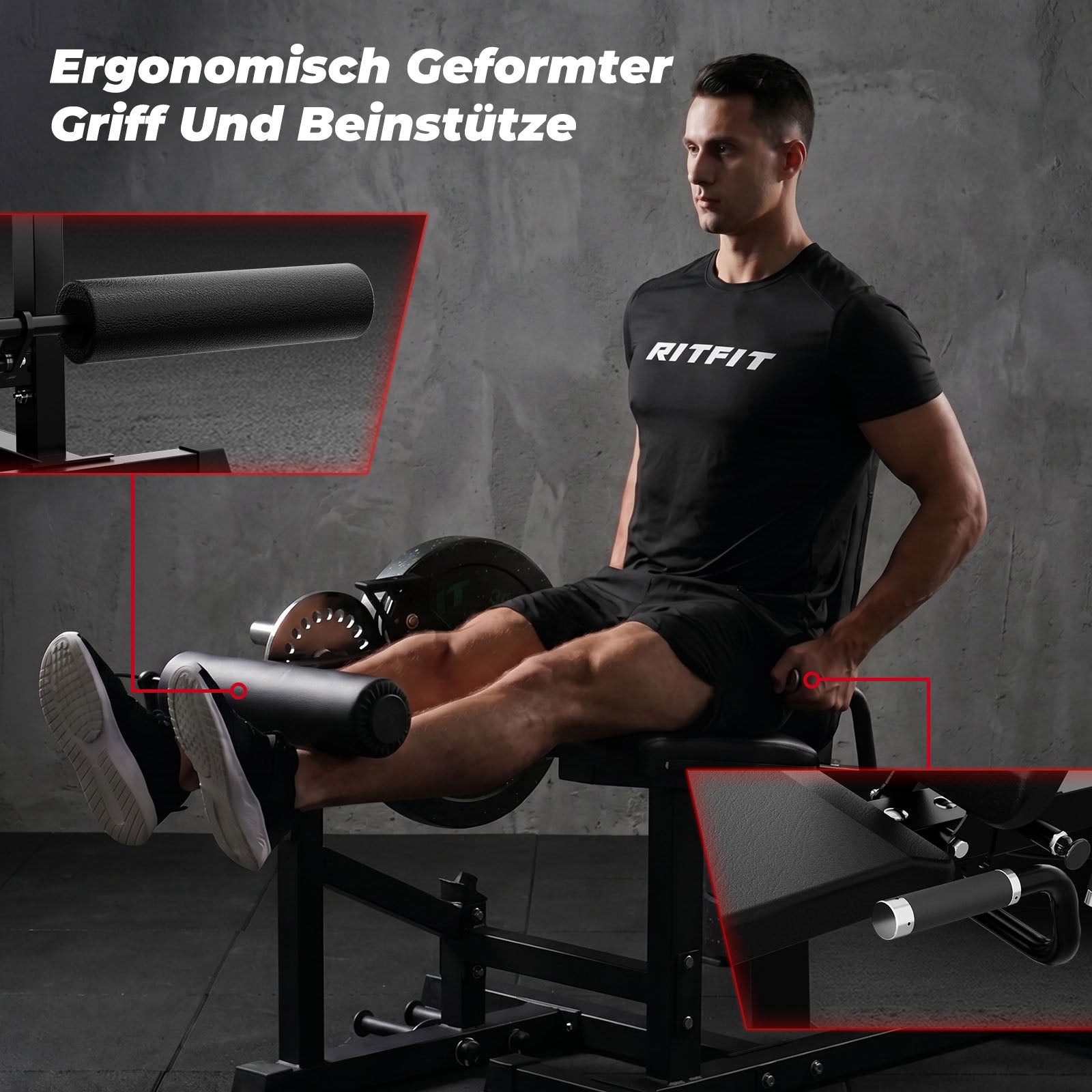 Mann nutzt schwarze RitFit PLC01 Beinstrecker und Beinbeuger Maschine mit ergonomischen Polstern
