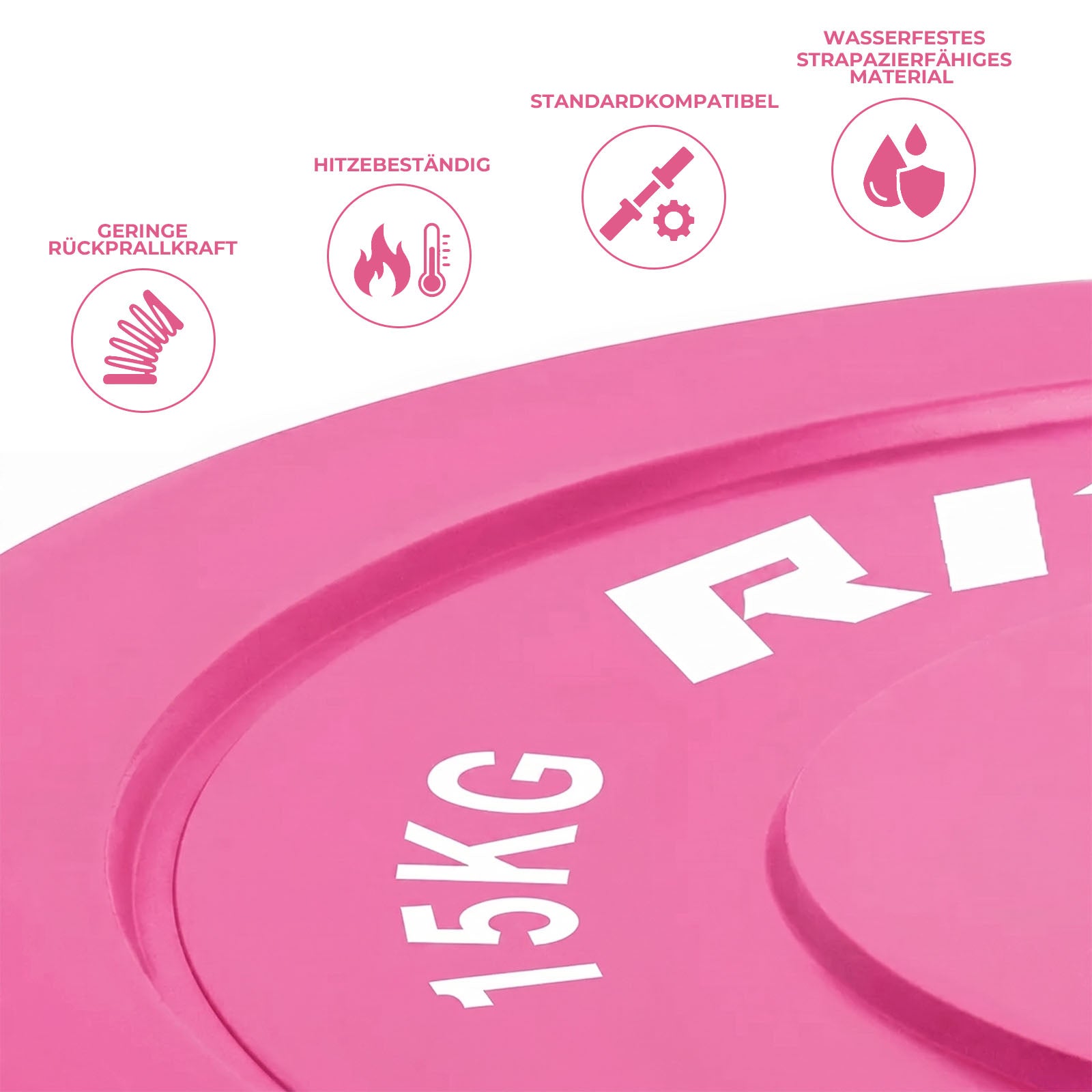 Rosa RitFit Hantelscheibe 15kg mit Icons für Hitzebeständigkeit und Wasserfestigkeit