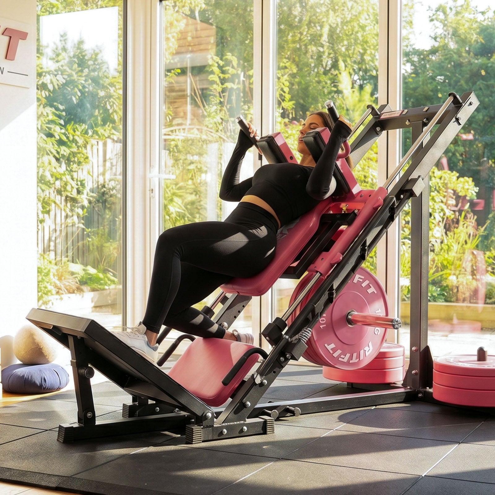 Frau trainiert auf der pinken RitFit BLP01 Beinpresse und Hackenschmidt Maschine