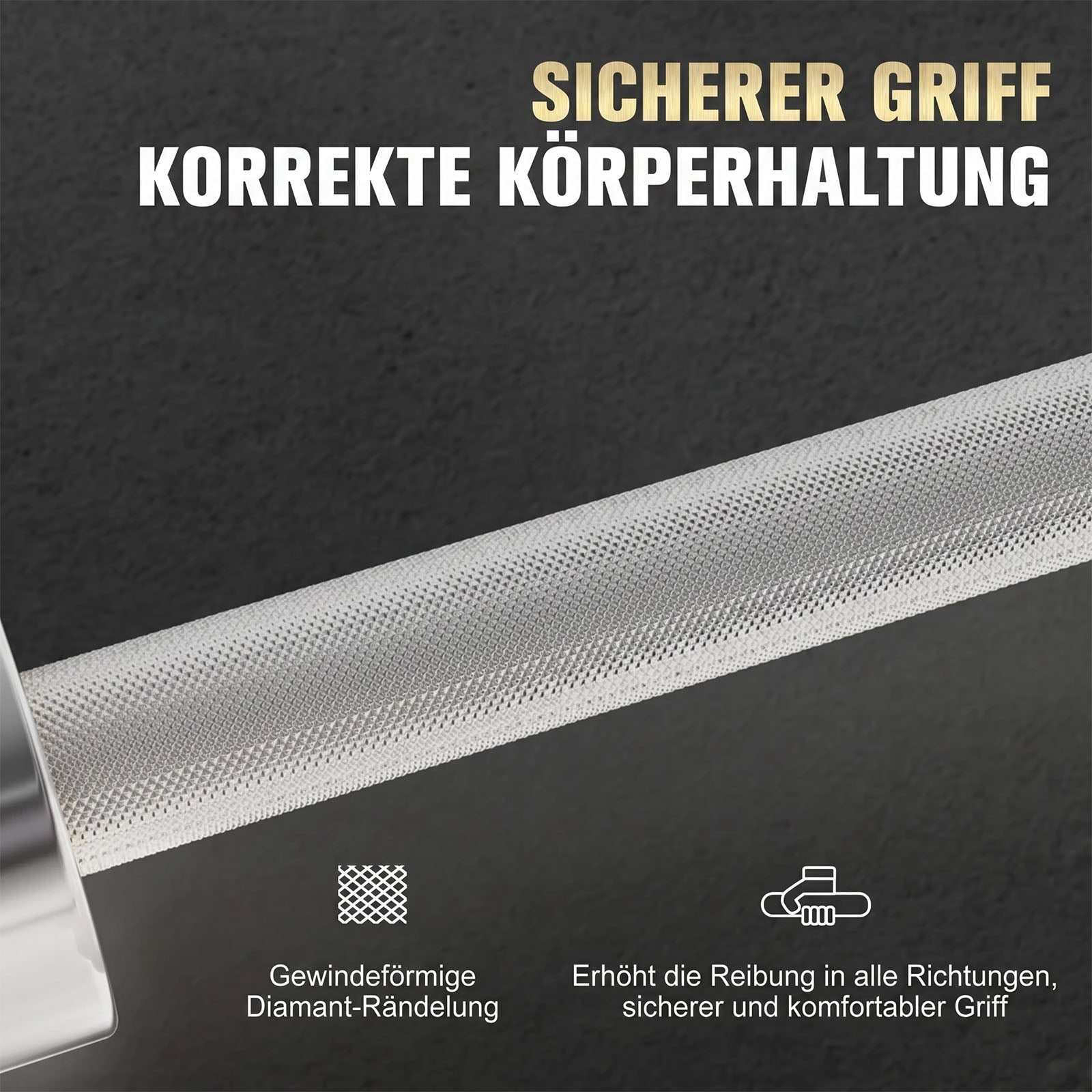 Silberne RitFit Olympia-Hantelstange mit Diamant-Rändelung für sicheren Griff