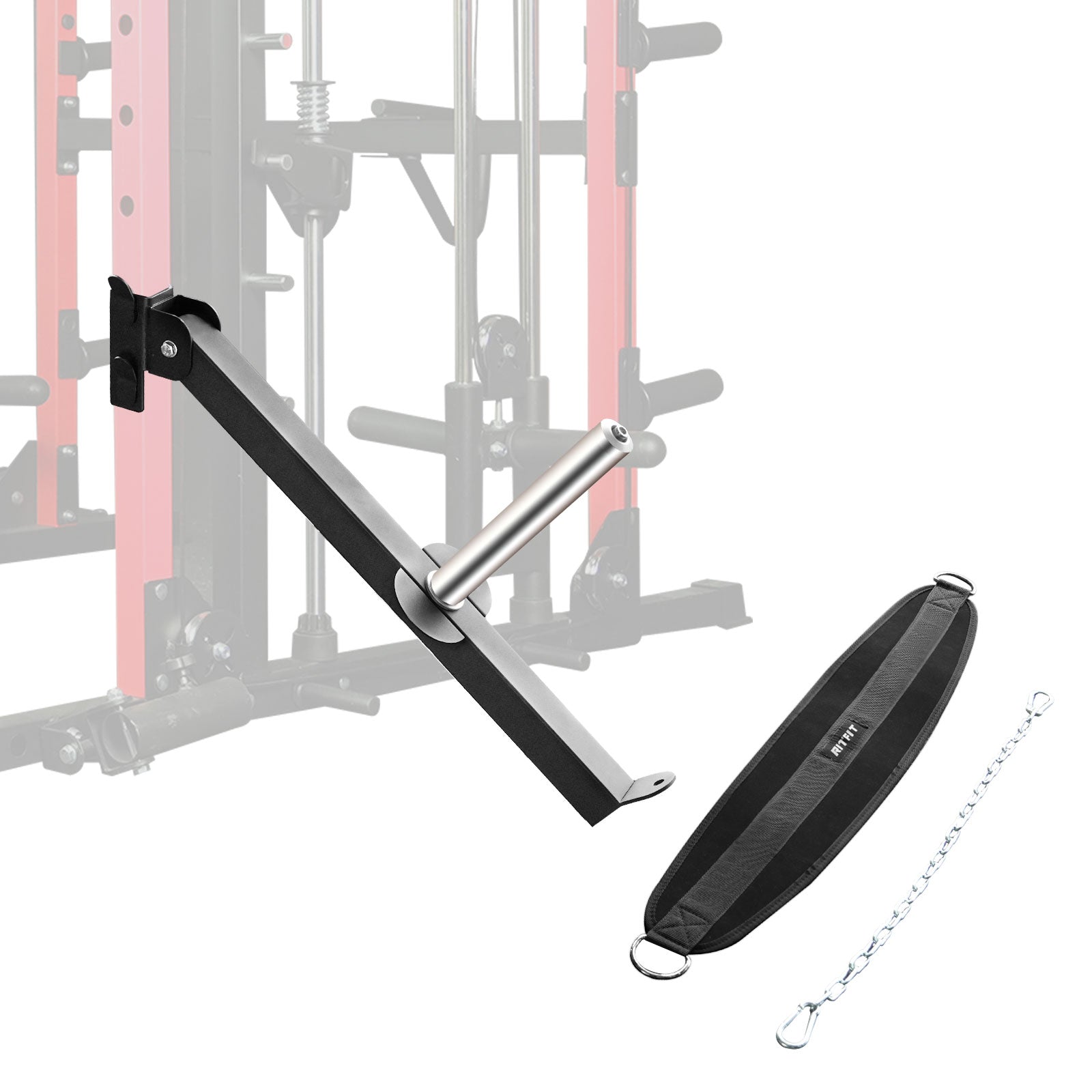 RitFit AT03 Gürtel-Kniebeugen-Gestellaufsatz vor Rack mit schwarzem Arm silbernem Griff Kette und Polster