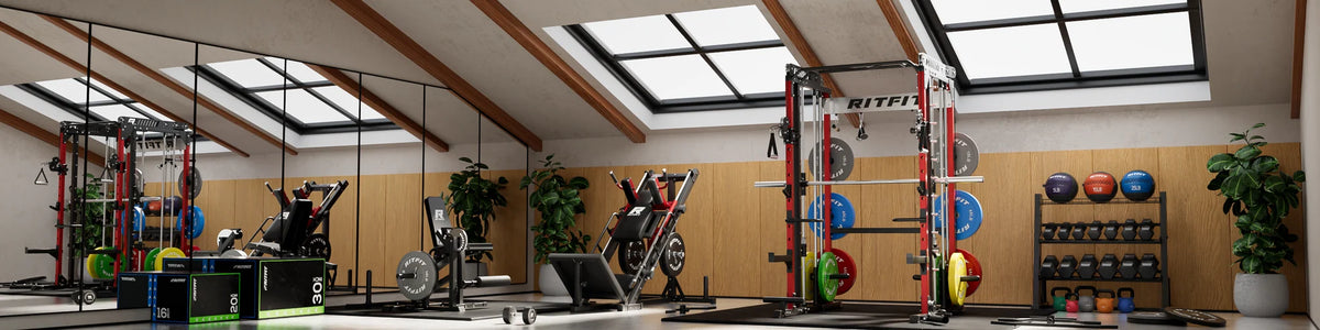 Ritfit Power Rack mit Hantelscheiben und Kettlebells in hellem Home Gym unter Dachfenstern