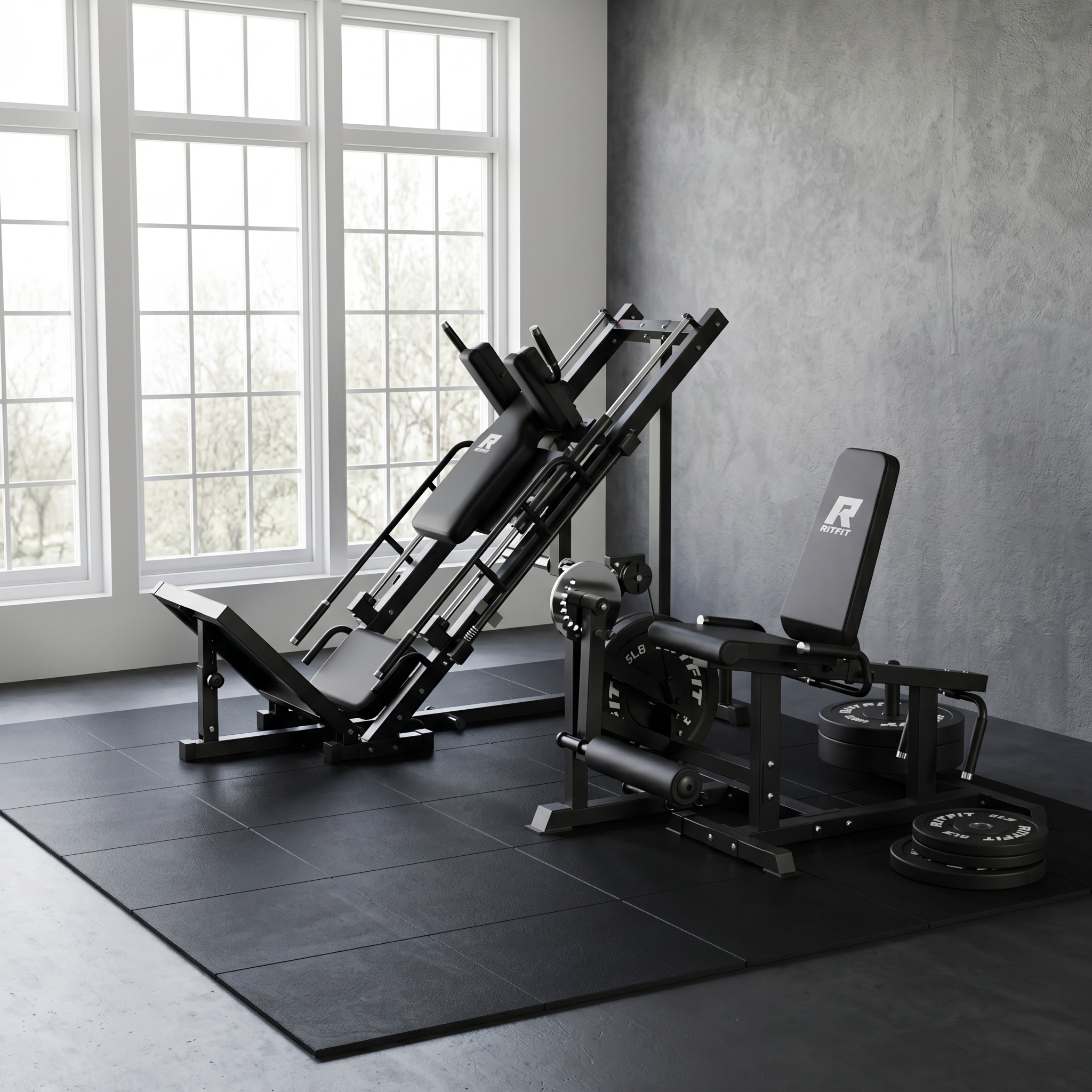 Schwarzes RitFit All-in-One Unterkörper Set mit Beinpresse und Beinbeuger auf Matte