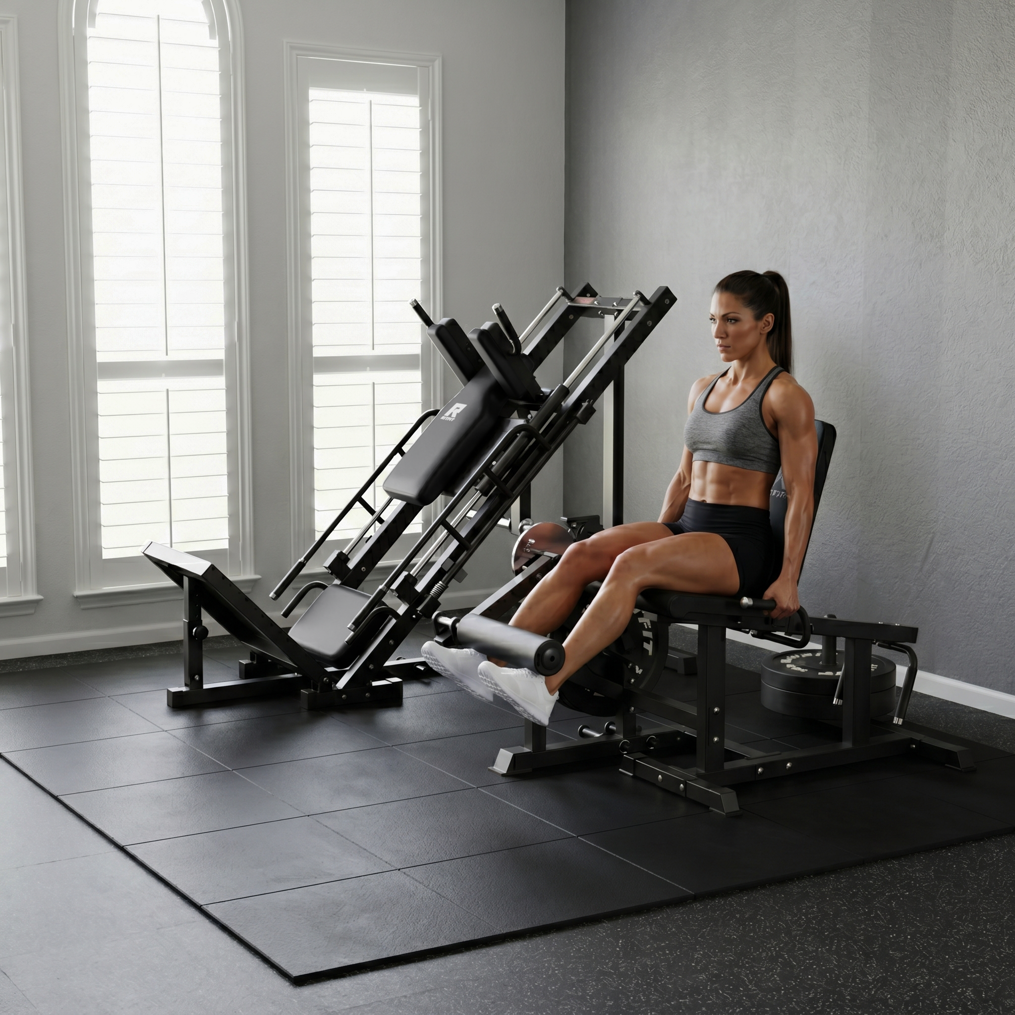 Athletin nutzt schwarze RitFit Beinpresse und Beinbeuger Maschine auf Gummimatten