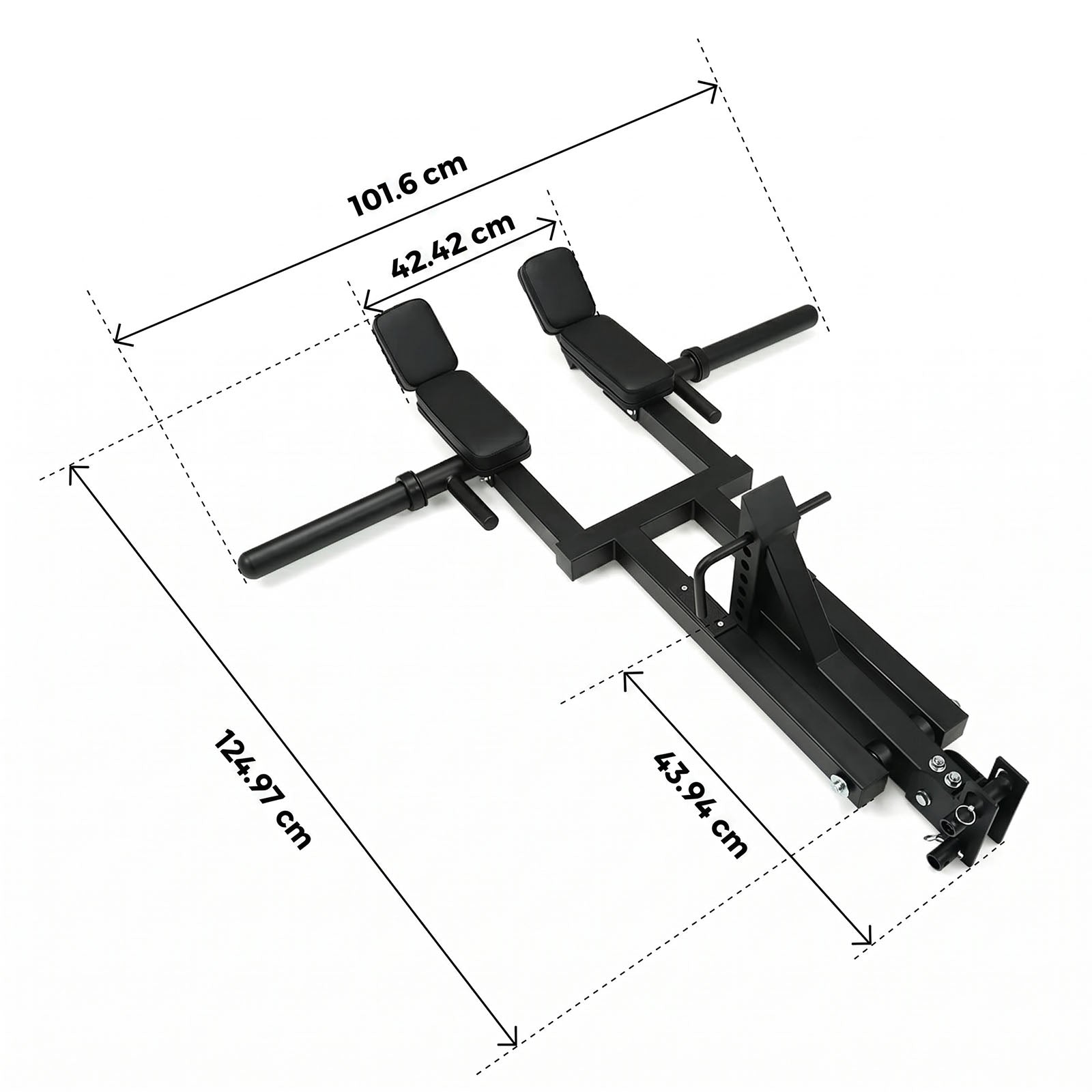 Schwarzer RitFit AT02A Aufsatz für Hack Squat mit Maßangaben und Armlehnen