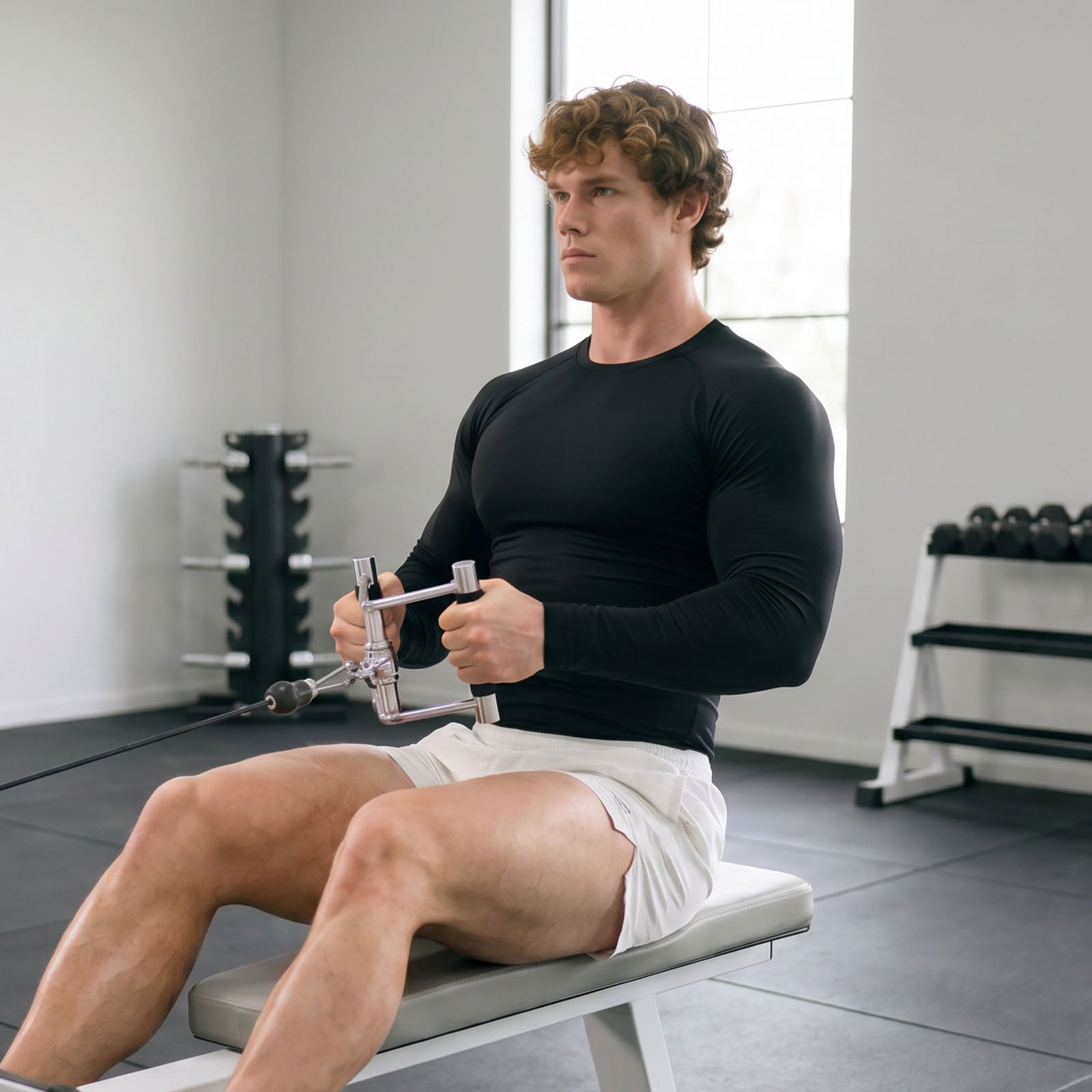 Mann trainiert sitzendes Rudern mit RitFit Latzug-Aufsatz im Fitnessstudio