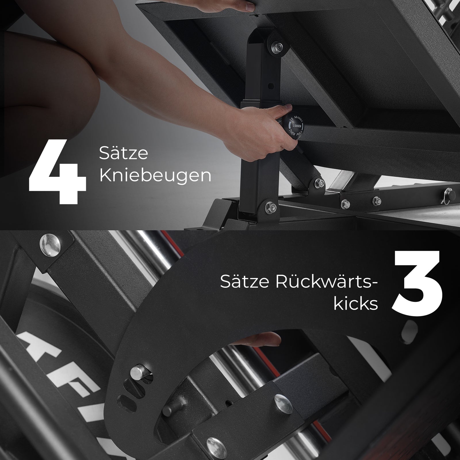 Handjustiert RitFit Gazelle Beinpresse und Hackenschmidt Maschine aus schwarzem Metall