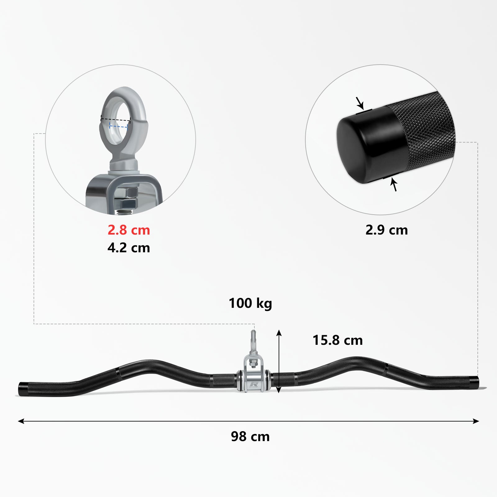 Schwarzer RitFit W-förmiger Griff aus Aluminiumlegierung mit Maßangaben und geriffelten Enden