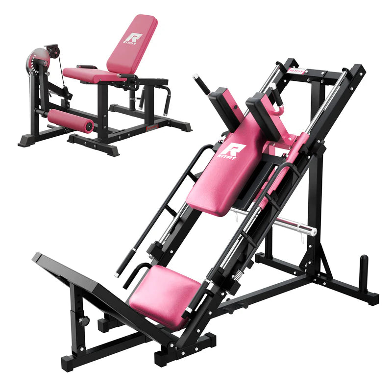 RitFit Beinpresse und Beinbeuger Maschine mit pinker Polsterung auf schwarzem Rahmen