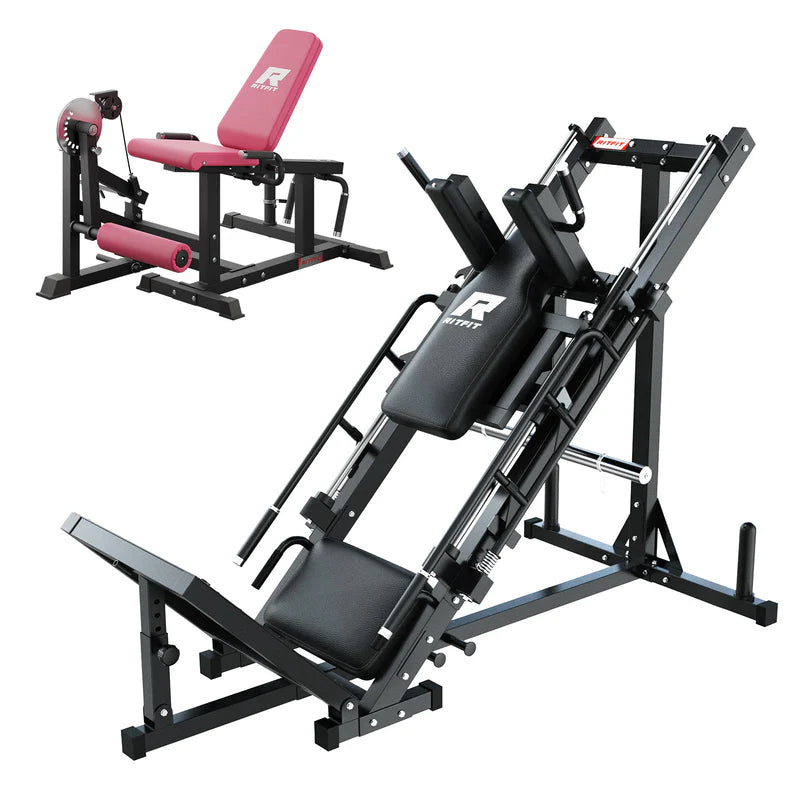 RitFit All-in-One Unterkörper Set mit schwarzer Beinpresse und rot-schwarzer Beinbeuger Maschine