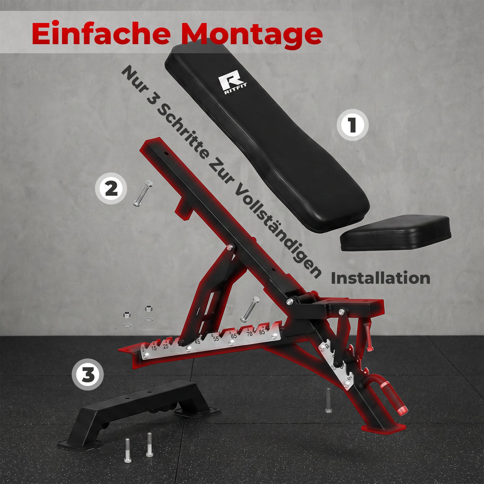 Schwarz-rote RitFitBWB01 Hantelbank mit Einzelteilen für die einfache Montage