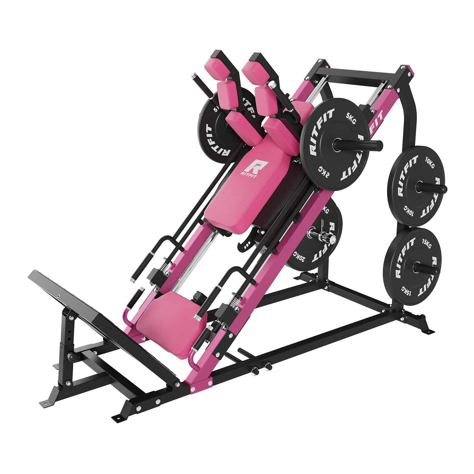 Rosaund schwarze RitFit Gazelle Beinpresse und Hackenschmidt Maschine mit Gewichtsscheiben
