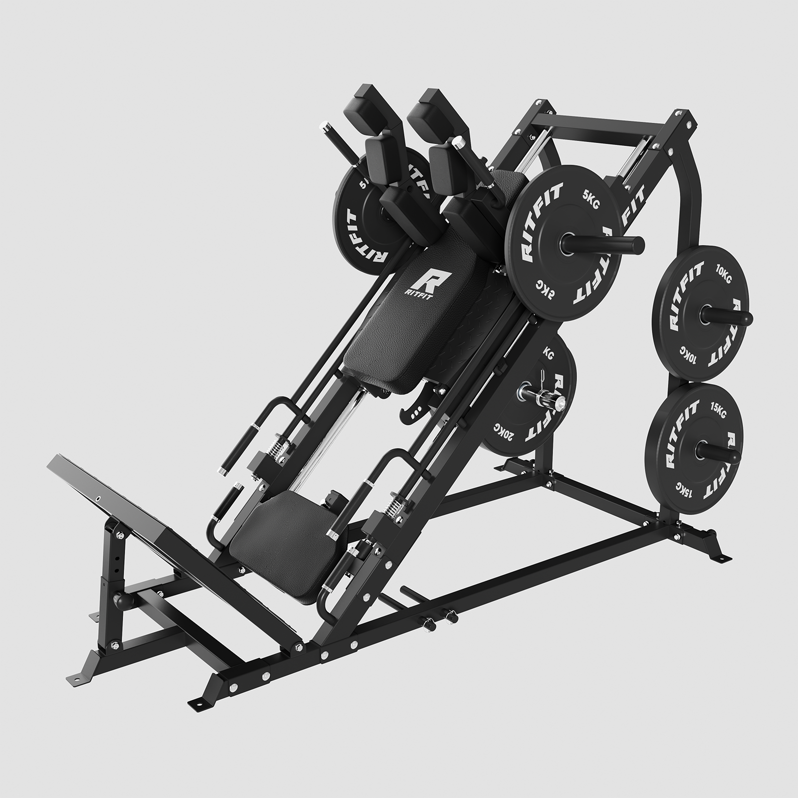 Schwarze RitFit Gazelle Beinpresse und Hackenschmidt Maschine mit Hantelscheiben