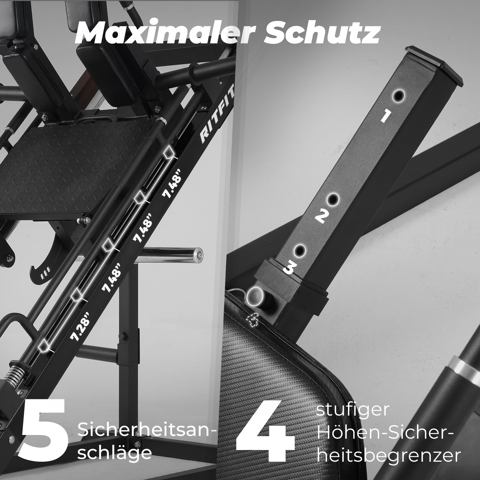 Schwarze RitFit Gazelle Beinpresse und Hackenschmidt Maschine mit verstellbaren Sicherheitsanschlägen