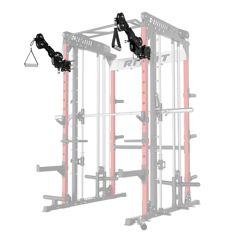 Schwarzer RitFit TAM1 Tornado-Arm-Aufsatz an einem grauen Power Rack montiert