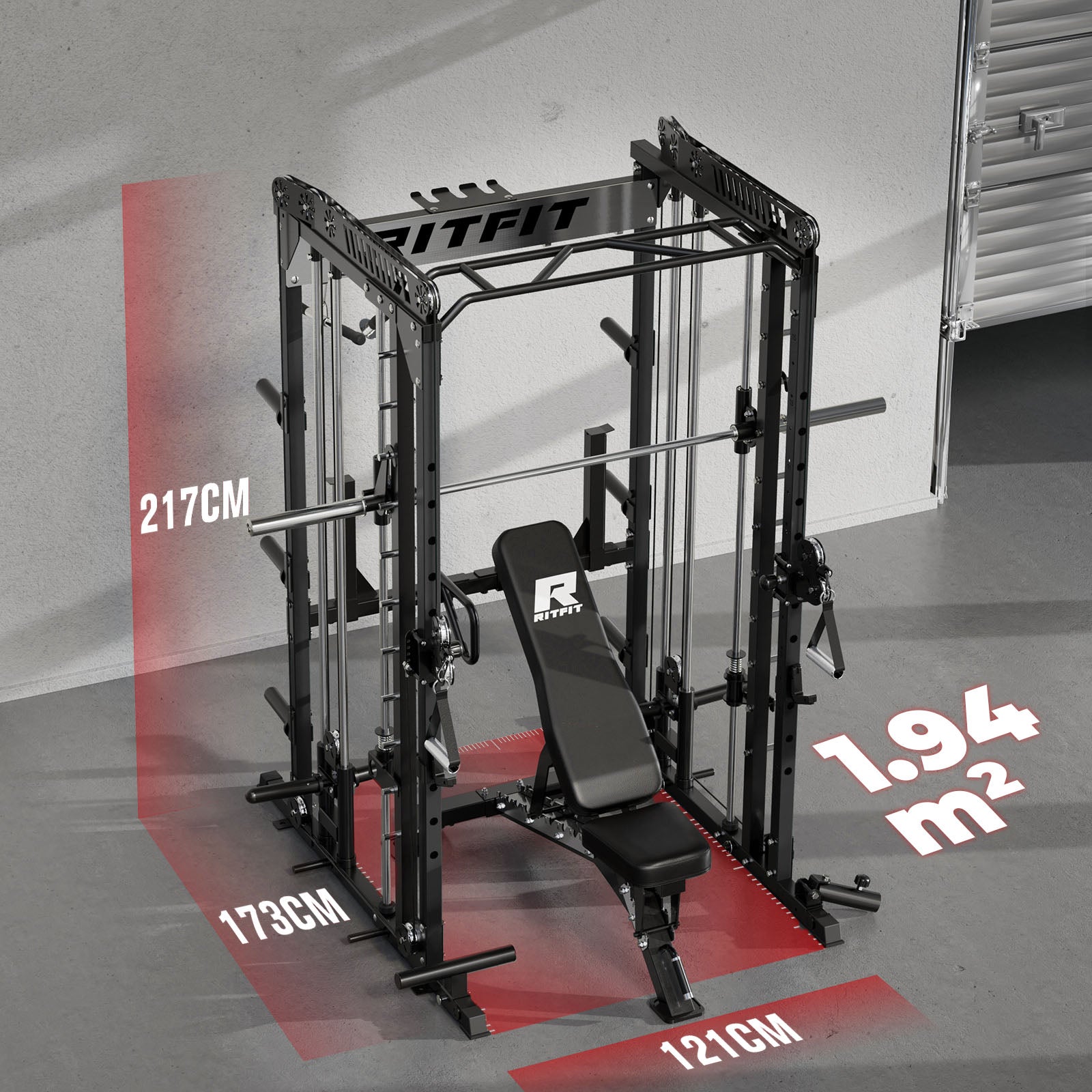 RitFit M1 Pro Smith Maschine Home Gym Komplettset in Schwarz mit Hantelbank und Maßangaben