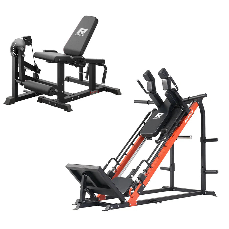 RitFit Beintraining Set mitGazelle und PLC01, schwarze sowie orange Kraftmaschinen auf weißem Hintergrund