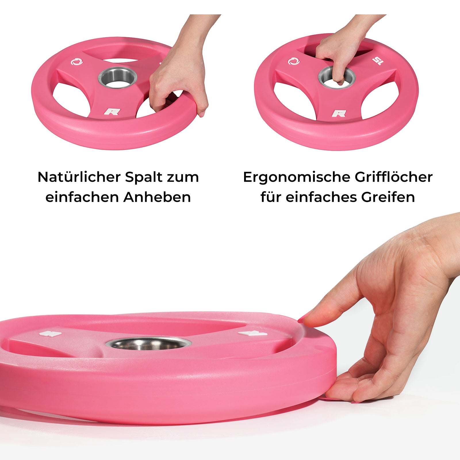 Hände heben rosa RitFit AURASPIN Hantelscheiben mit ergonomischen Grifflöchern an