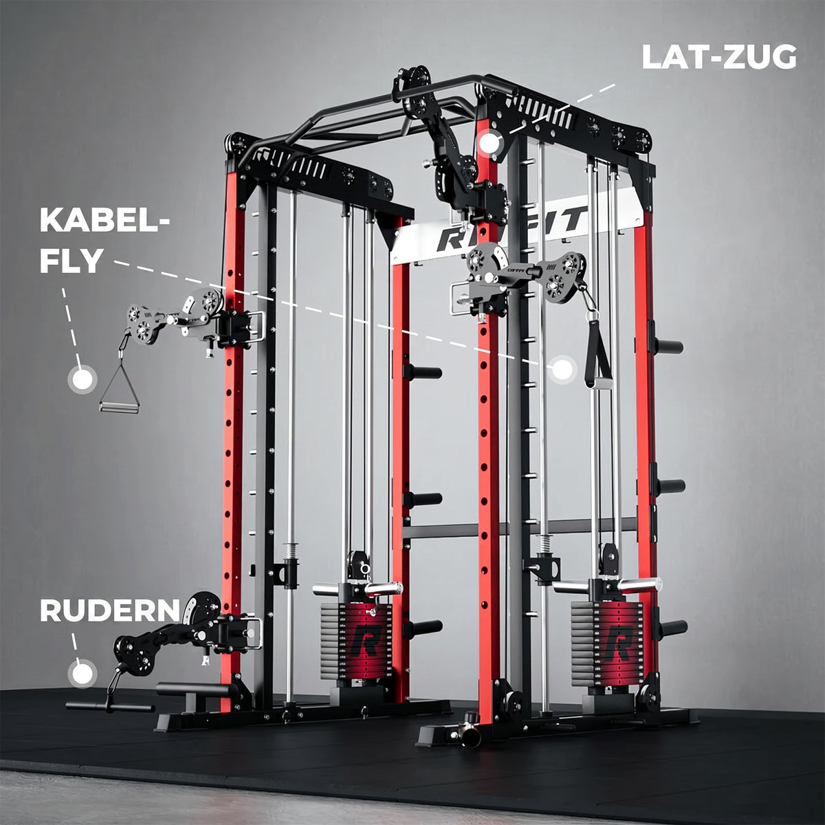 RitFit TAM1 Tornado-Arm-Aufsatz an rotem und schwarzem M1 PRO Kabelzug